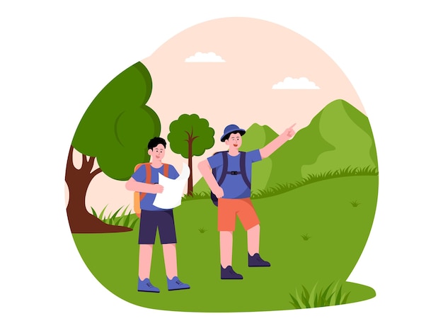 Vector group travel with backpacker going for trekking illustration