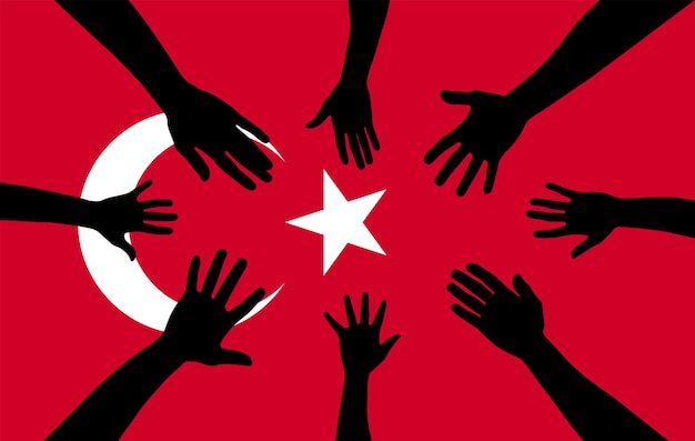 손 벡터 실루엣 화합 또는 지원 아이디어를 수집하는 터키 사람들의 그룹