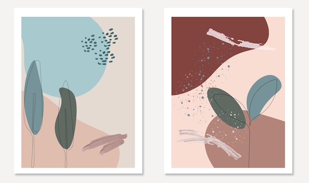 The group of two boho abstract illustrations with leaves in pastel colors