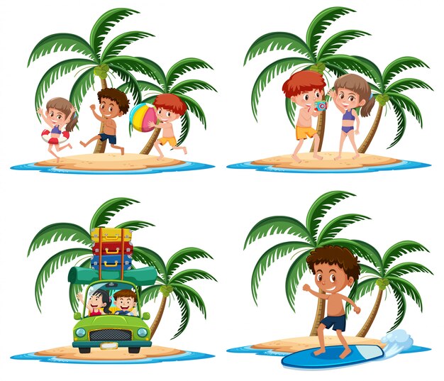 Group of vacation activities on the tropical island cartoon character on white background