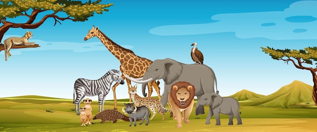 Group of wild african animal in the zoo scene