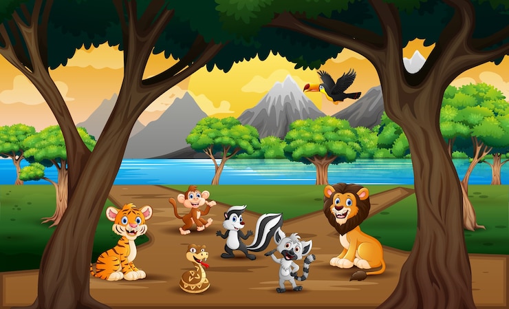 वेक्टर group of wild animals in the nature landscape