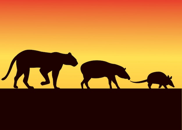 Vector group of wild animals silhouettes in the sunset landscape illustration