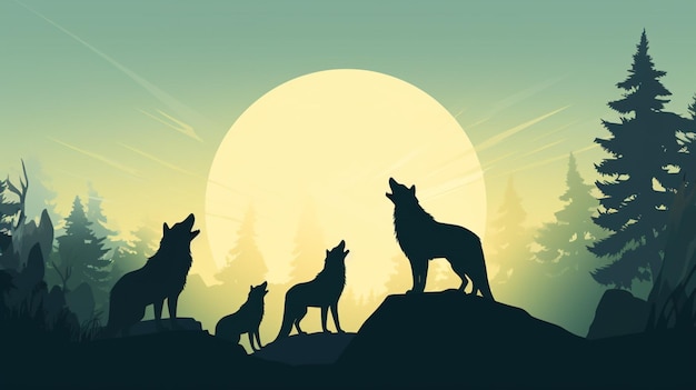 Vettore un gruppo di lupi su una collina con una luna piena dietro di loro