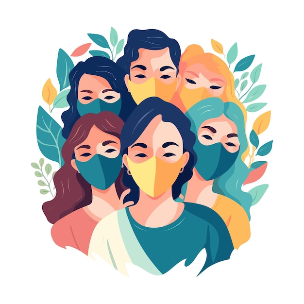 Группа женщин с масками на лице Векторная иллюстрация в плоском стиле
