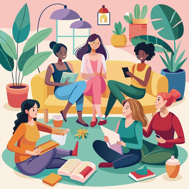 a group of women are sitting on a couch and reading books