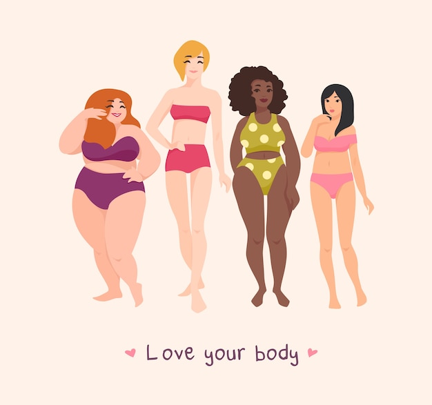 Vector group of women of different race, height, figure type and size dressed in swimwear and standing together