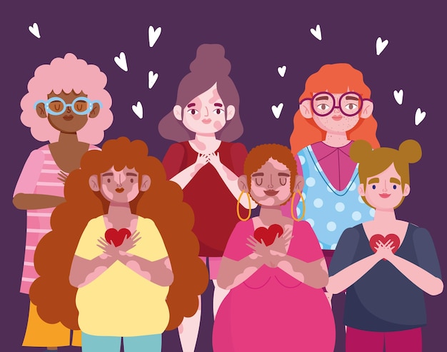 Vettore gruppo donne diverse con illustrazione di amore di sé personaggio dei cartoni animati di cuori