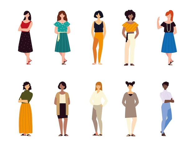 Vector group women female characters different nationalities culture  illustration