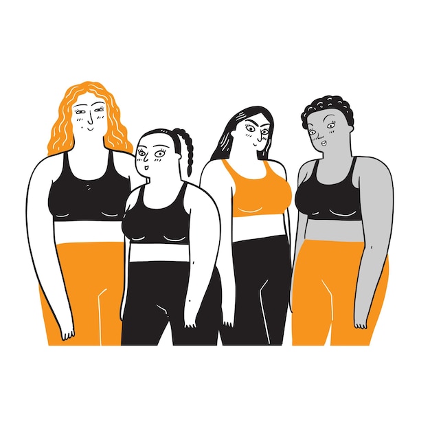 Vector a group of women ff different ethnicities and cultures. drawing illustration in linear style