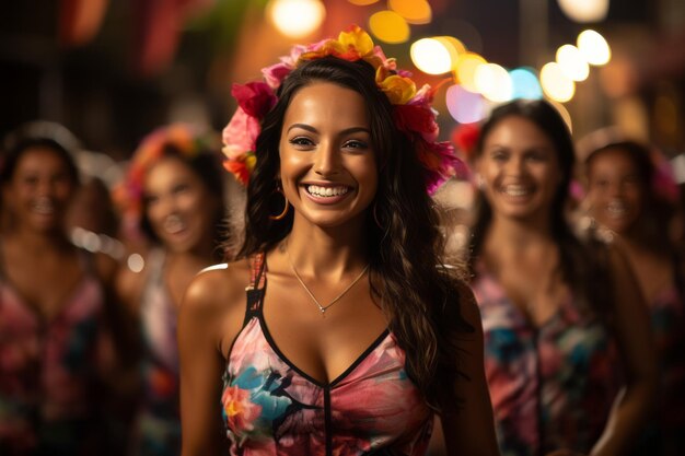 A group of women in flower crowns are smiling for the camera