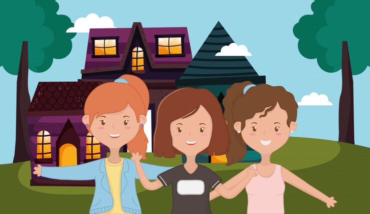 Vector group of women hugging in front of the country house