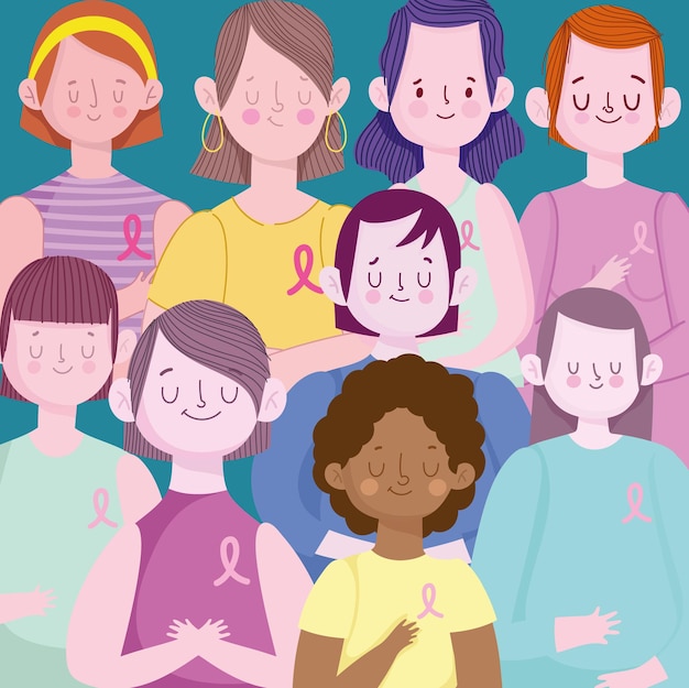 Gruppo di donne e cancro al seno nastro rosa