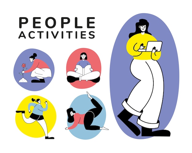 Vector group of women practicing activity characters illustration design