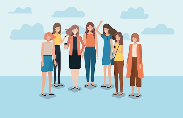 group of women using smartphone and drinking coffee