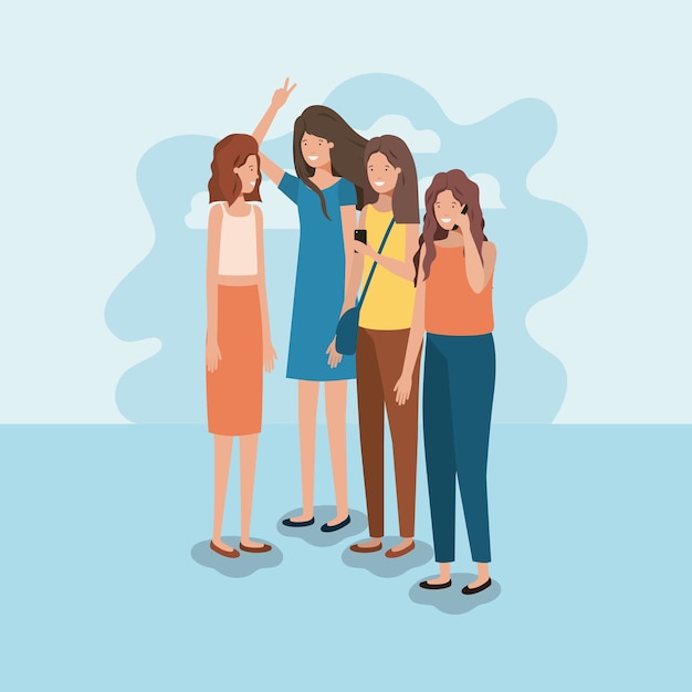 Vector group of women using smartphone