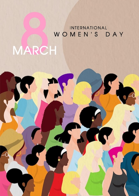 Group of women and various nationalities with wording of Womens day on gray background