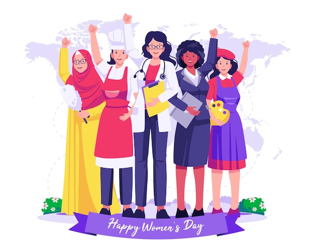 A group of Women in various professions raised their hands. Women's Day concept illustration