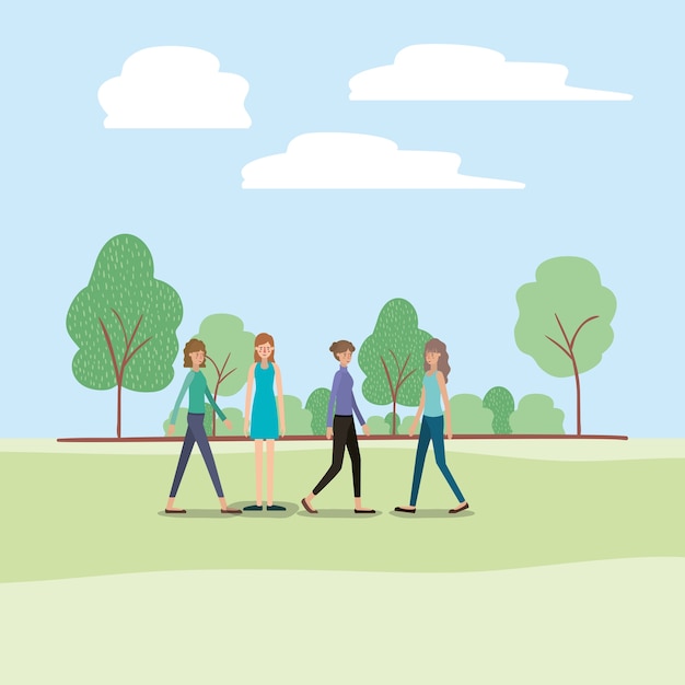 Vector group of women walking on the park characters