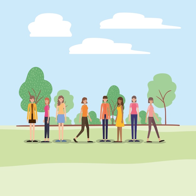 Vector group of women walking on the park characters