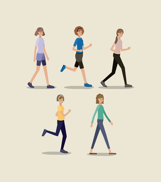 Vector group of women walking and running characters