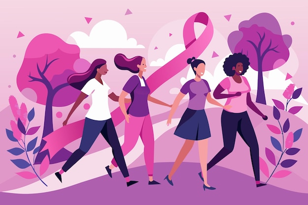 A group of women wearing pink ribbons walking together in a supportive march or relay race