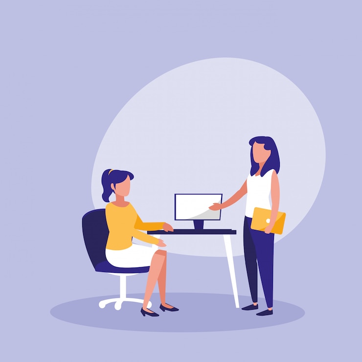 Vector group of women with desktop in workplace