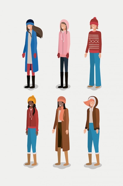 Vector group of women with winter clothes