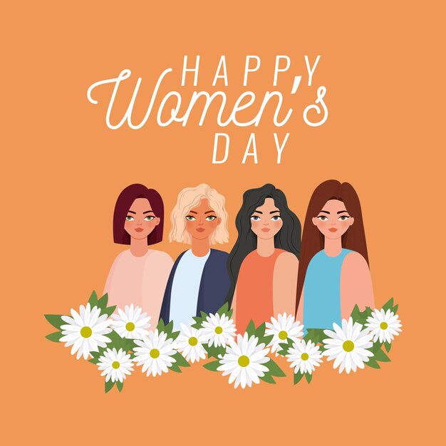 Group of women and withe flowers  illustration