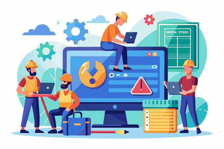 Vector a group of workers is actively solving computer problems using laptops and tools in a bright workspace workers are fixing computer errors