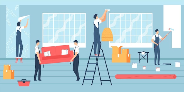 a group of workers make repair in the room flat vector illustration