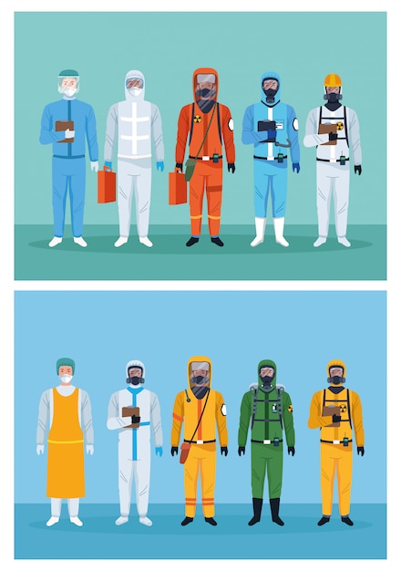 保護ウイルススーツのキャラクターを使用している労働者のグループ