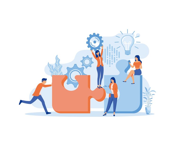 Vector group of young business people working together with puzzle as a symbol of collaborating