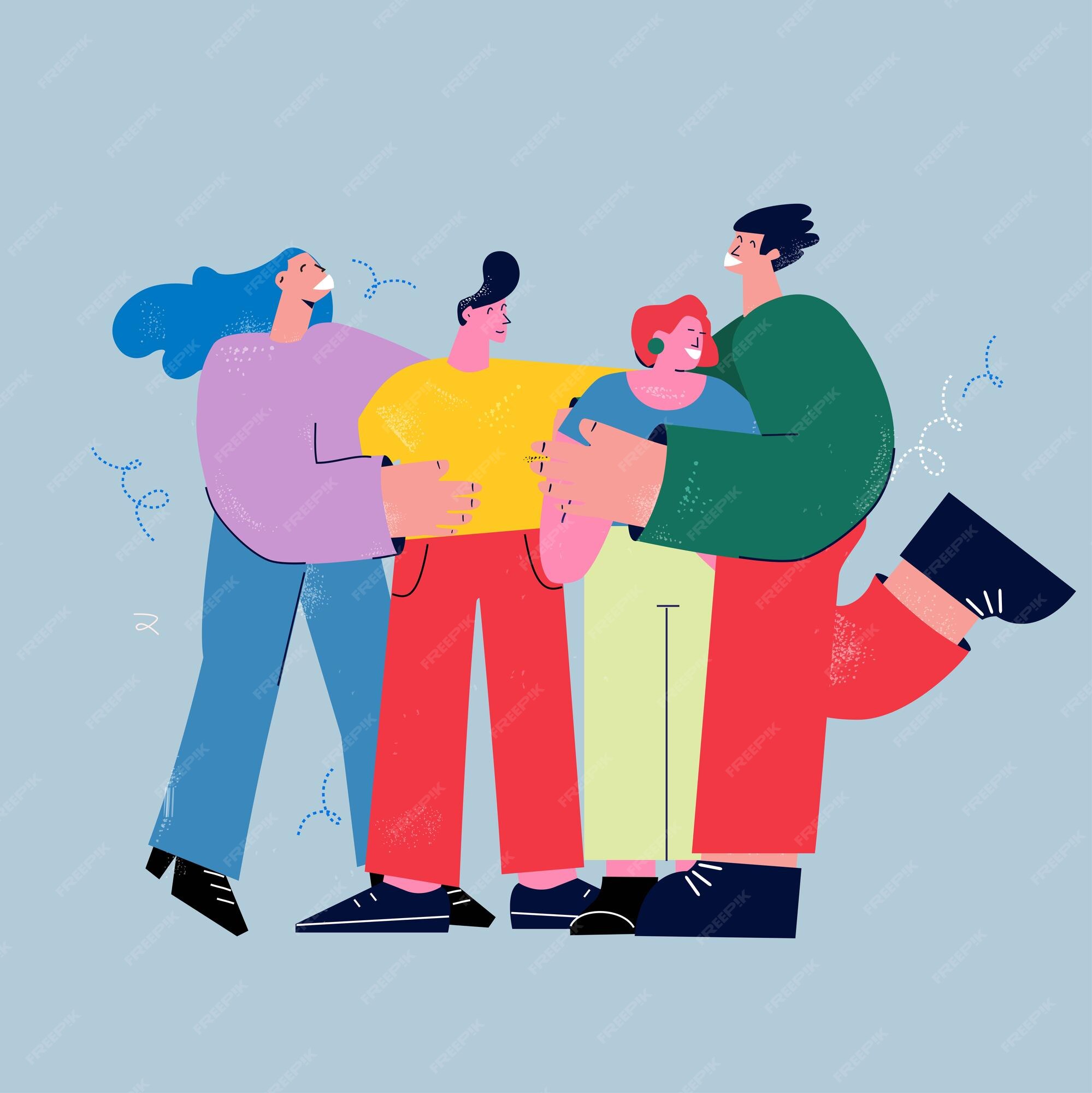 Premium Vector | Group of young cheerful people cartoon characters standing  and hugging