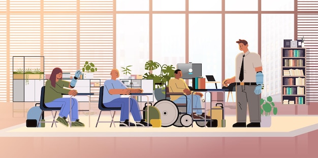 Vector group of young disabled men and women meeting in inclusive classroom feeling positive and confident people with disabilities concept modern office interior horizontal vector illustration