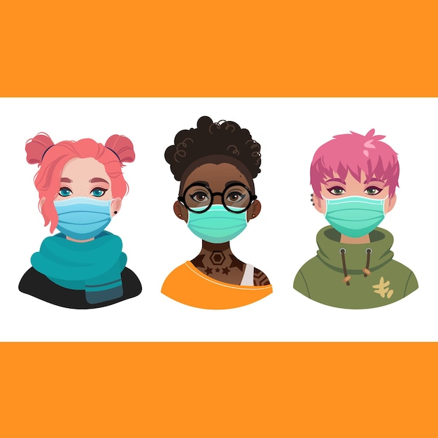 의료 마스크를 입은 어린 소녀들의 그룹