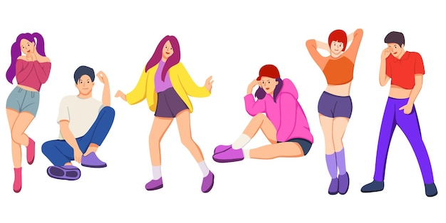 Vector group of young happy dancers or men and women isolated on a white background