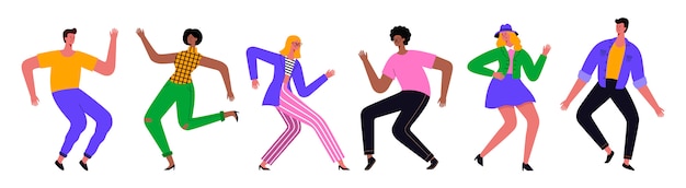 若い幸せなダンスの人々または白い背景に分離された男性と女性のダンサーのグループ。イラストフラットデザイン。