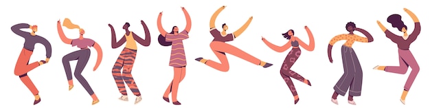 Group of young happy dancing people. Male and female dancers isolated on white background. Smiling young men and women enjoying dance party. illustration in flat trendy style.