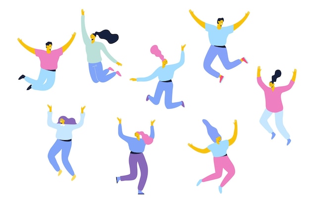 Group of young happy laughing people jumping with raised hands Friendship Vector flat cartoon illu