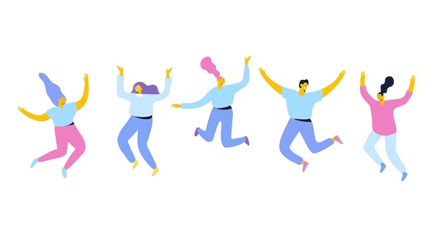 Группа молодых счастливых смеющихся людей, прыгающих с поднятыми руками Векторные плоские персонажи мультфильмов
