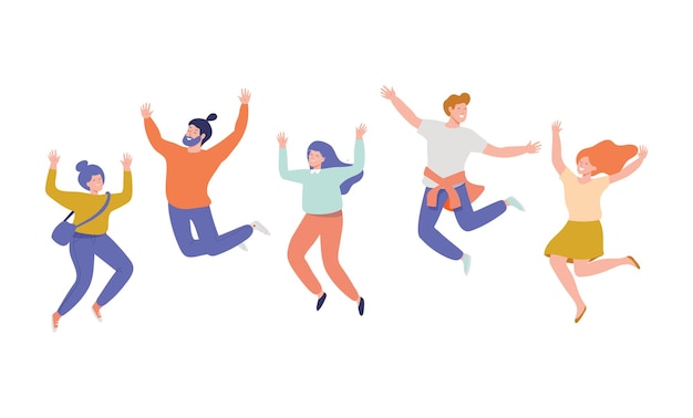 group of young happy laughing people jumping with raised hands vector flat cartoon characters