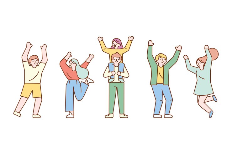 上げられた手でジャンプする若い幸せな笑いの人々のグループベクトル線形漫画のキャラクター