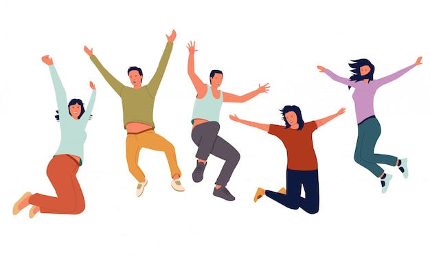 group of young joyful  people jumping with raised hands