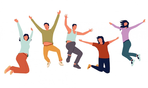 Vector group of young joyful  people jumping with raised hands