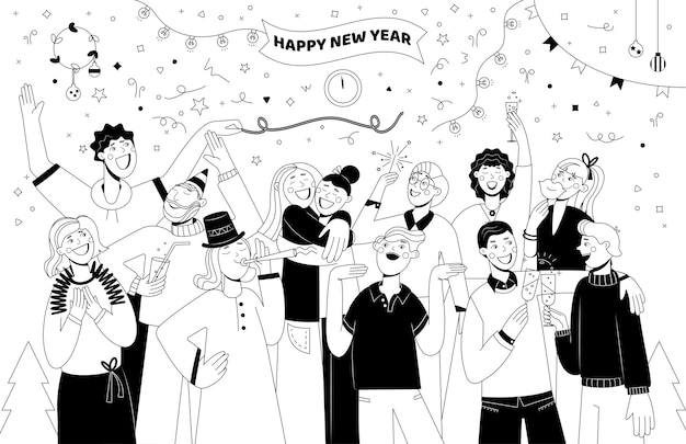 Vector group of young male and female characters having fun on new year party new year celebration