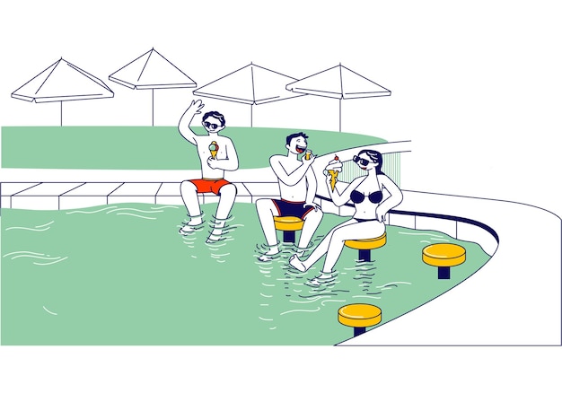 Group of young male and female characters sitting on high stools in swimming pool