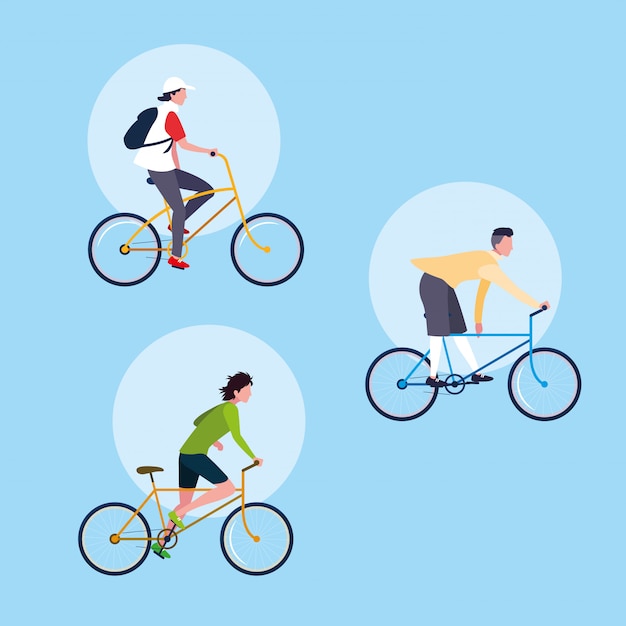 Group of young man riding bike avatar character