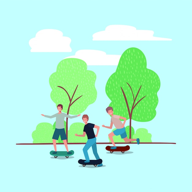 Group of young men in skateboard on the park