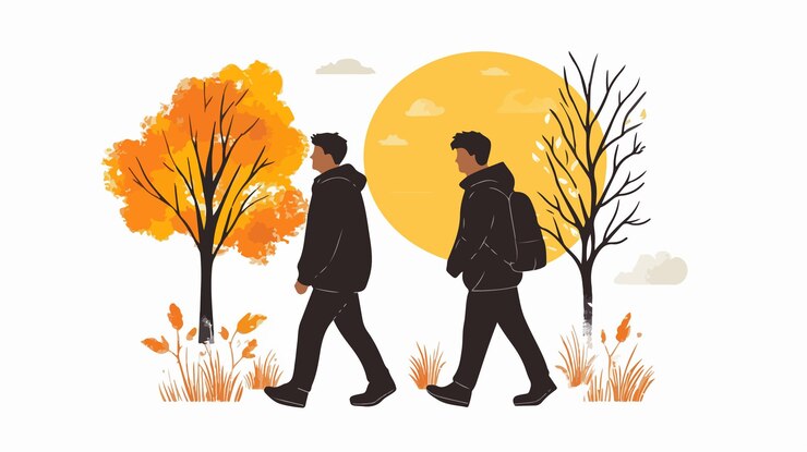 Vector group of young men walking together in nature under sunny sky vector illustration
